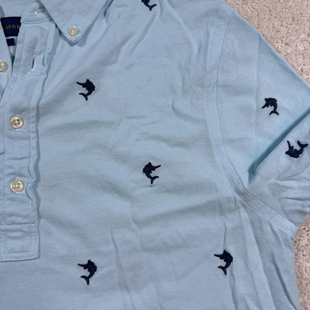 Ralph Lauren Polo Shirt Mens Medium Blue Marlin Fish Knit Oxford Short Sleeve